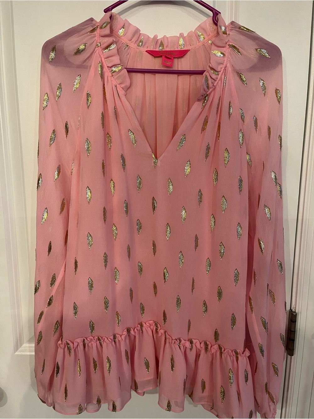 Lilly Pulitzer Pink Chiffon Blouse with Gold Foil Leaf Print - Picture 2 of 6